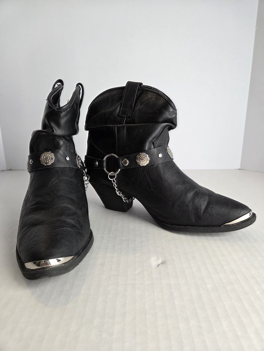 dingo Black Western Ankle Boots with Silver Toe Caps & Harness